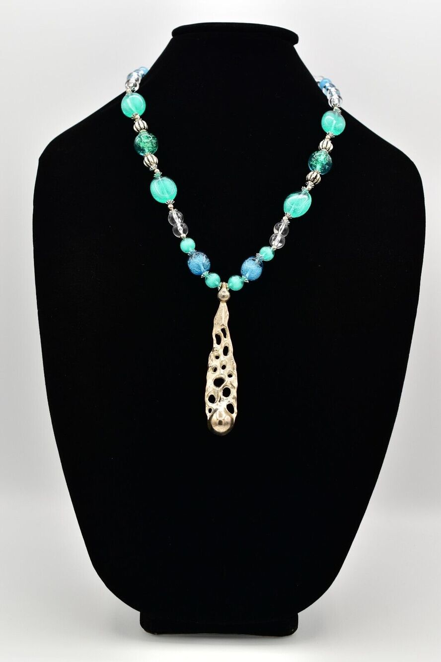 Vintage Beaded Summer Statement Necklace Blue Chunky Silver Tone Beach BinA17